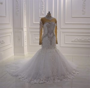 Swarovski beading high neck, see through back luxurious mermaid wedding dress