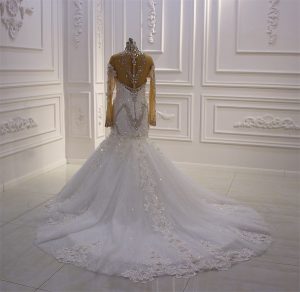 Swarovski beading high neck, see through back luxurious mermaid wedding dress - Image 5