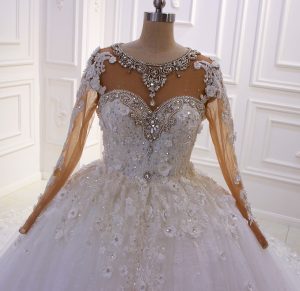 Real luxurious 3D Swarovski beaded high end long sleeve skin colour wedding dress - Image 3