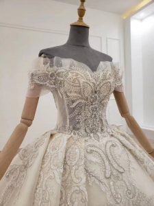 Off shoulder beaded luxurious empire wedding dress - Image 4