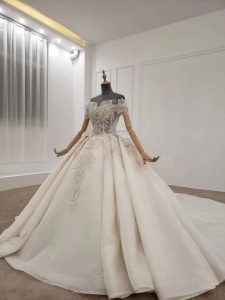 Off shoulder beaded luxurious empire wedding dress - Image 2