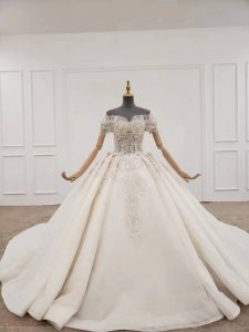 Off shoulder beaded luxurious empire wedding dress