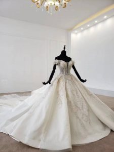 Off shoulder full beaded luxurious empire wedding dress - Image 3