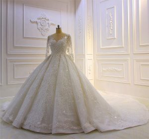 High end luxury long sleeve Lace applique hand beaded stunning wedding dress